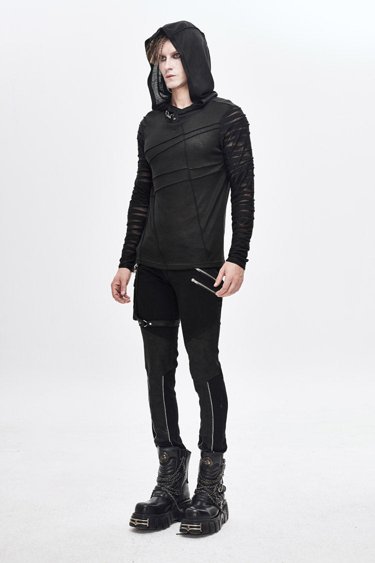 Men's Punk T-Shirt with Hood and Metal Button Striped Patchwork