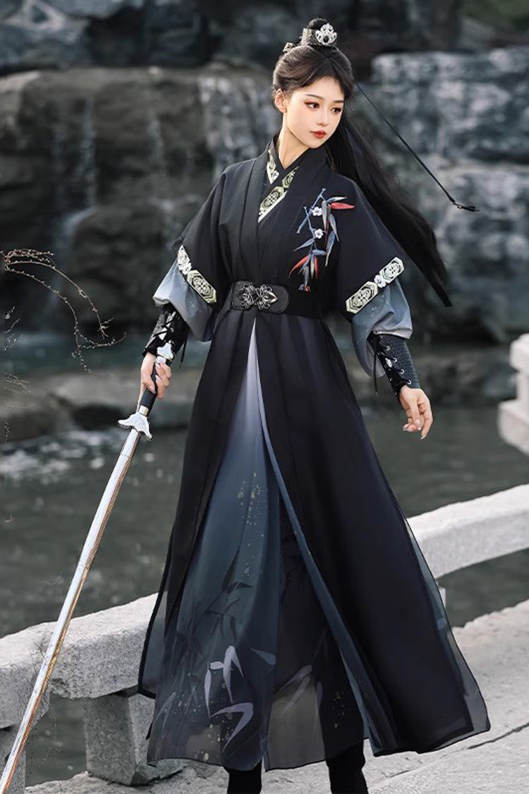 Vintage Hanfu Dress Set with Cross-Collar Gradient Embroidery & Knight Style