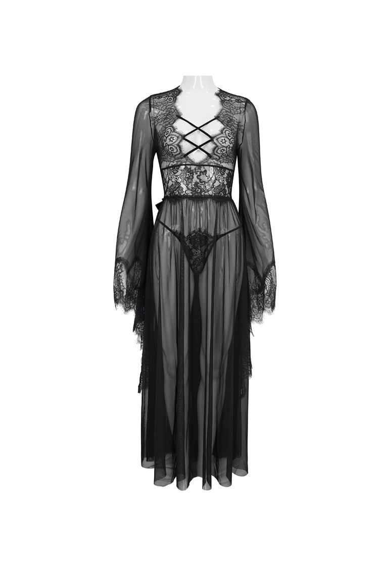Sheer Backless Lace Bell-Sleeve Goth Gown