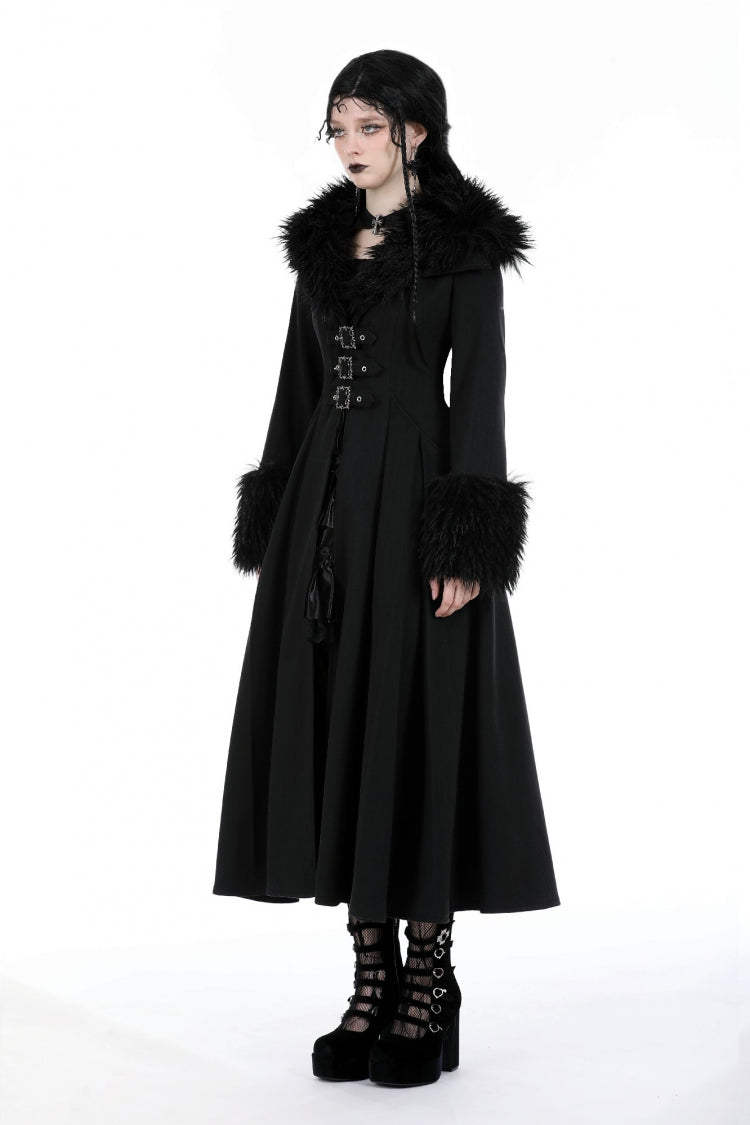 Gothic Draped Coat with Buckle Lace-Up, Faux Fur Collar, and Extended Sleeves