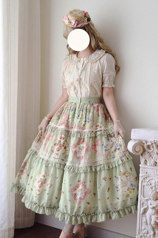 Emerald Cat Rose Tea Printed Ruffle Daily Sweet Lolita Skirt