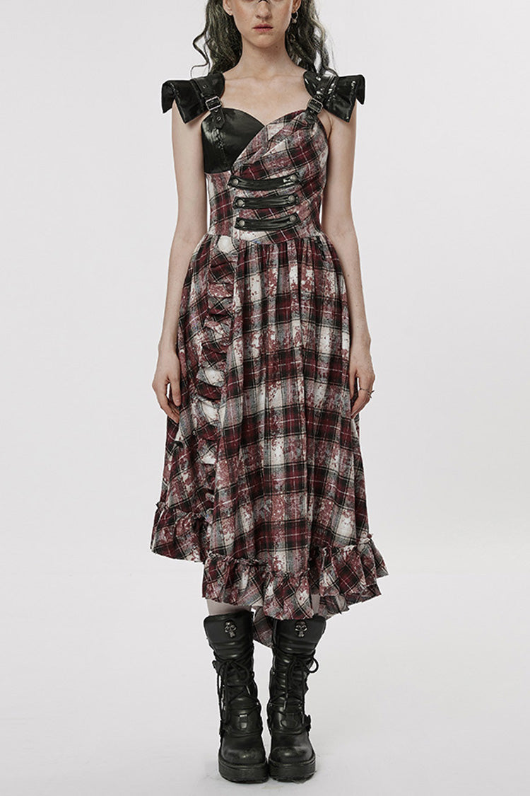 Crimson Noir Leather Strap Plaid Ruffle Irregular Steampunk Dress