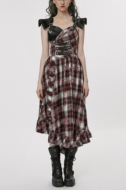 Crimson Noir Leather Strap Plaid Ruffle Irregular Steampunk Dress