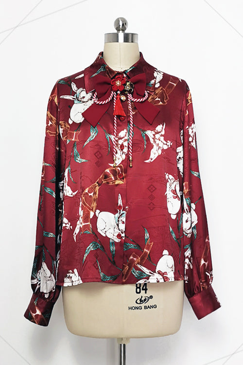 Burgundy Lily Rabbit Lapel Blouse with Long Sleeves