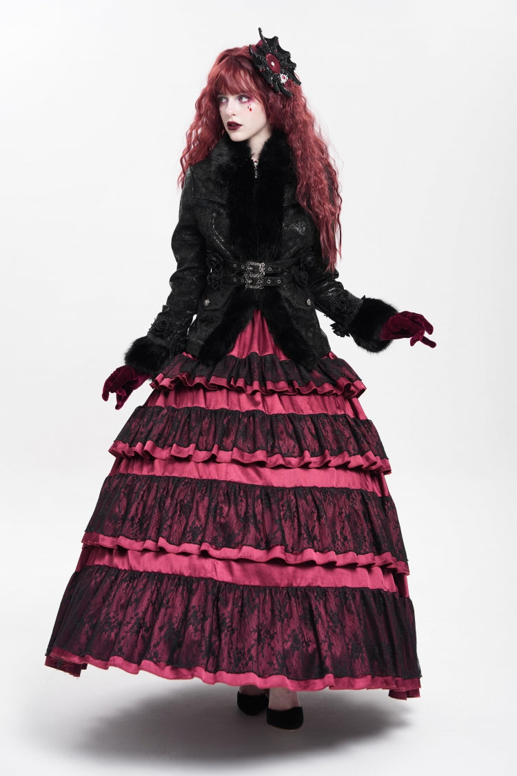 Victorian Gothic Coat with Rose Floral Embroidery and Buckle Straps, Long Sleeve