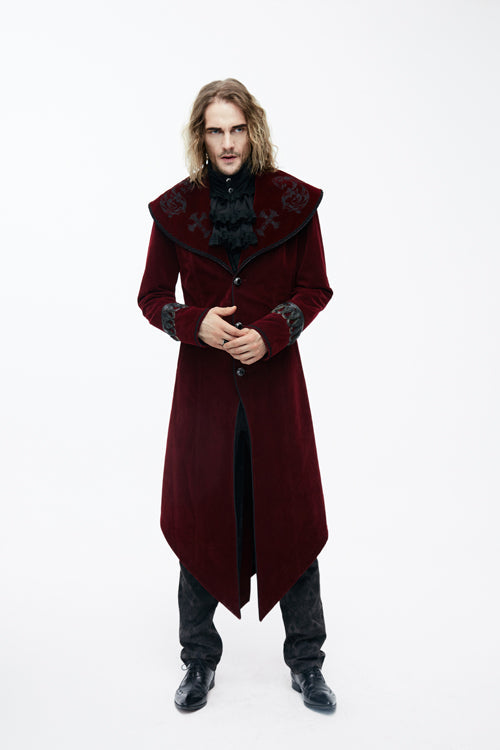 Gothic Shawl Collar Men's Long Velvet Overcoat in Western Style
