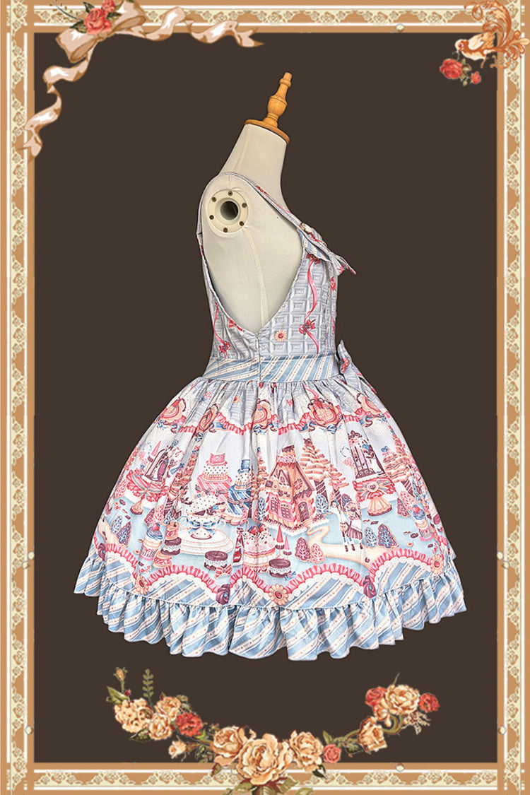 Square Collar Printed Strap Dress with Ruffles and Bow - Candy House