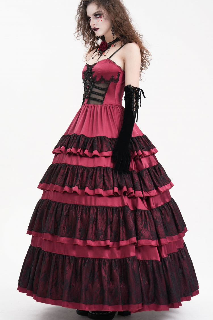 Crimson Gothic Dress with Multi-Tiered Ruffles and Lace-Up Mesh