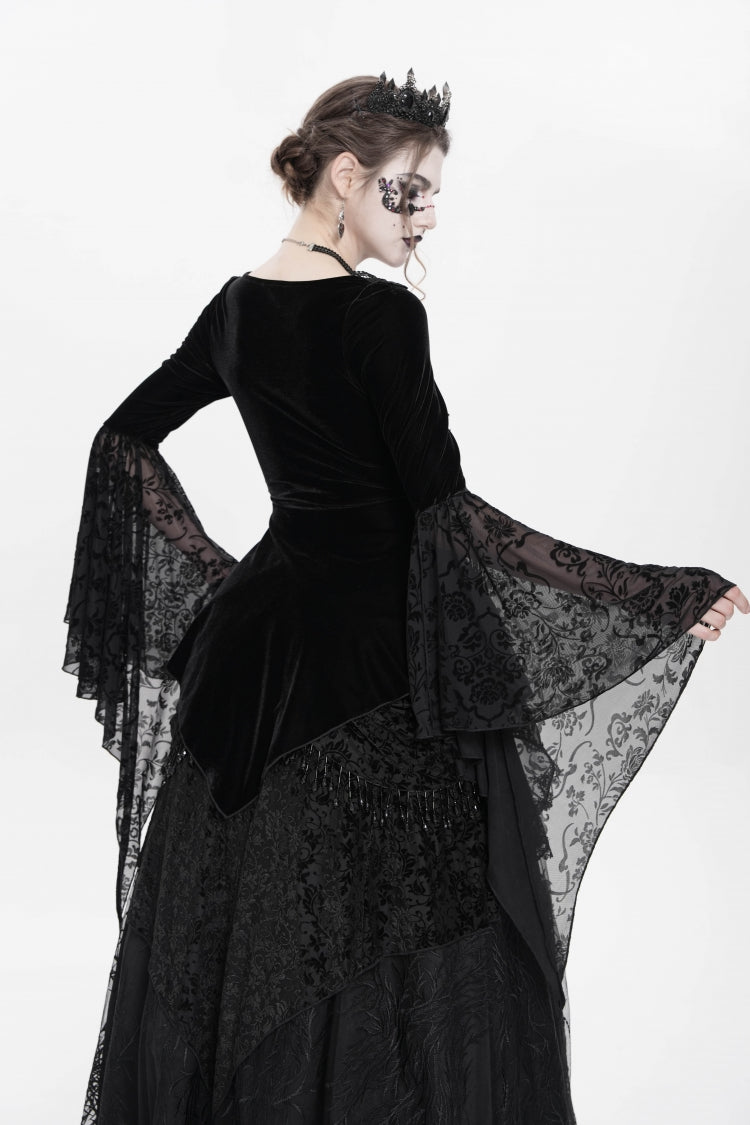 Beaded Pleated Gothic Blouse with Lace-Up Front and Extended Sleeves