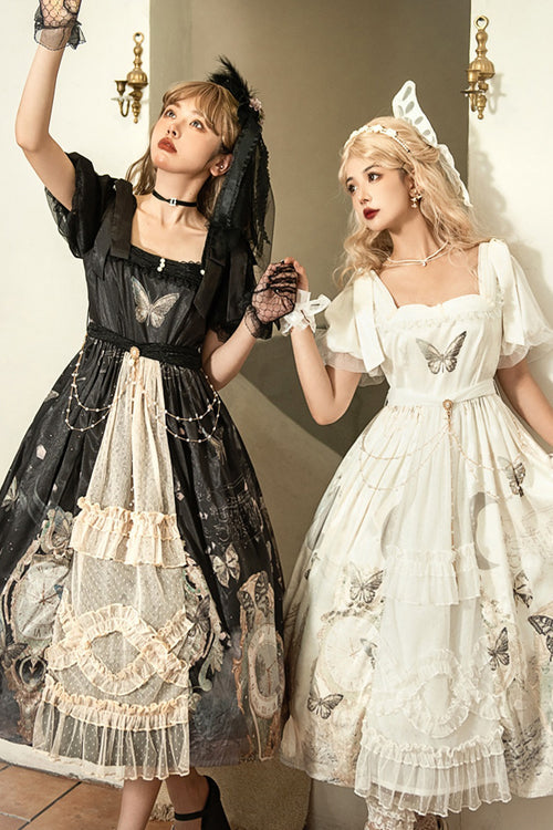 Vintage Butterfly Print High-Waisted Lolita Dress with Square Collar