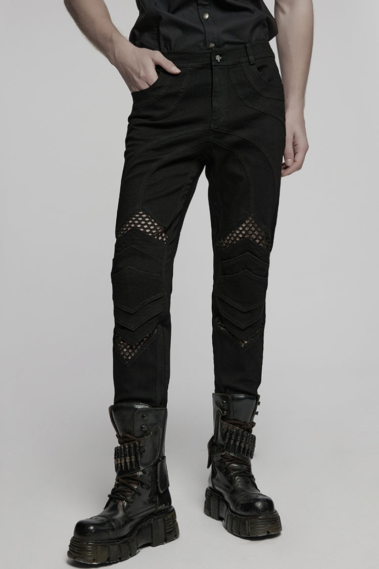 Charcoal Mesh-Stitched Punk Trousers for Men