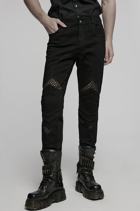 Charcoal Mesh-Stitched Punk Trousers for Men