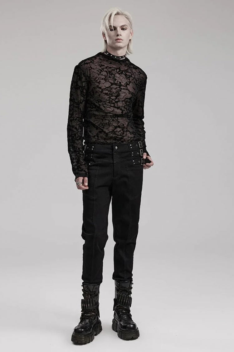 Sheer Mesh Gothic Tee with Print for Men, Long-Sleeve Lightweight Top