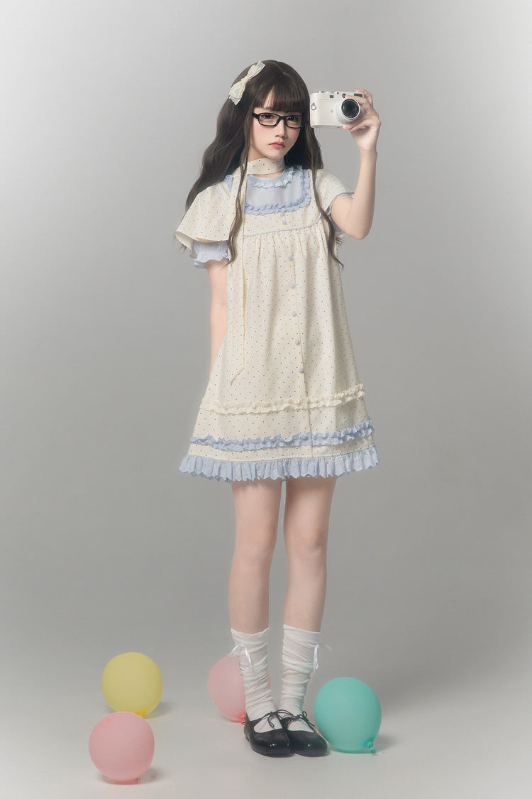 Polka Dot Bouclé Printed Ruffled Faux Two-Piece Sweet Japanese Lolita Dress with Round Collar and Long Sleeves