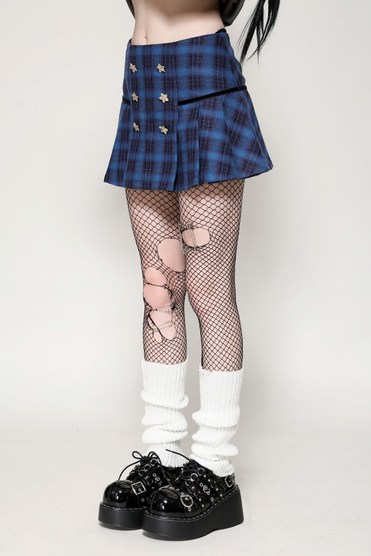 Vintage College Style Stars Plaid Pleated Mini Skirt