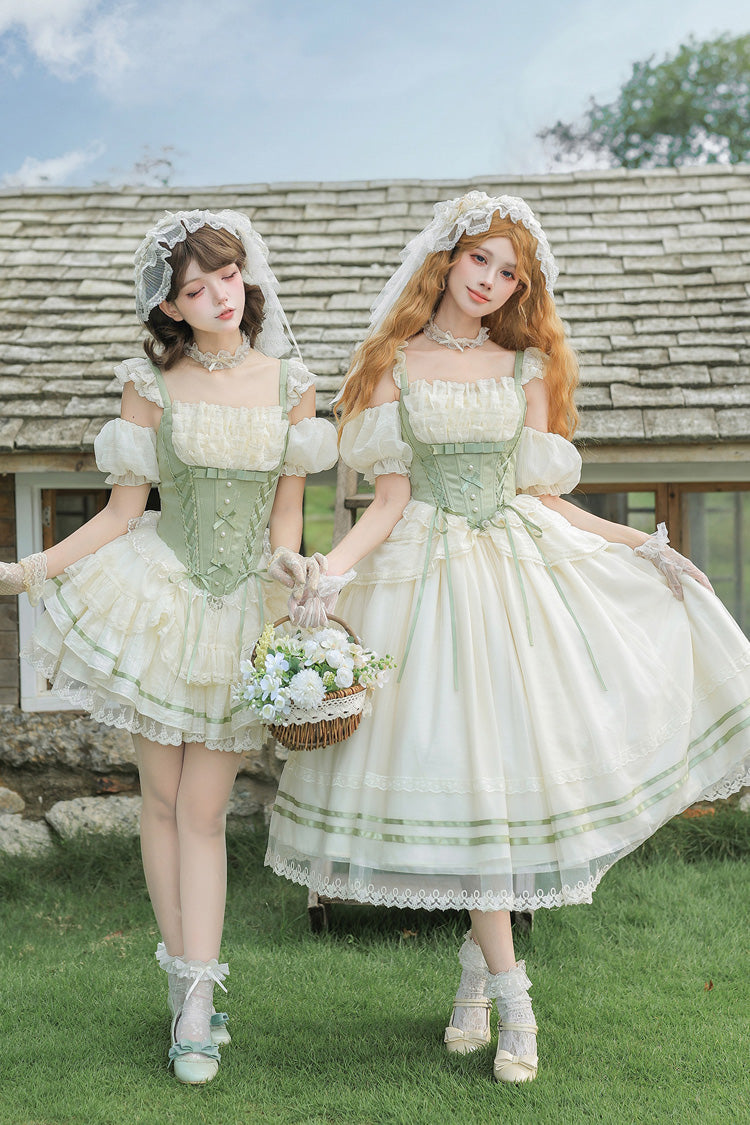 Emerald Square Neck Ruffled Lace Bow Accent Sweet Lolita JSK in Two Styles