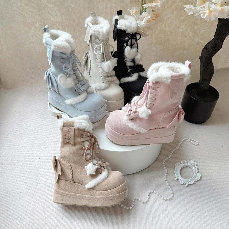 Sweet Lolita Plush Bowknot Lace-Up Platform Boots in Beige