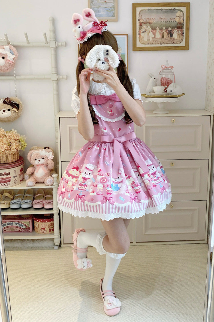 Rose Cupid Bunny Print Sleeveless Bow Princess Lolita Strappy Dress