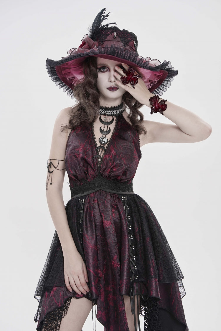 Crimson & Noir Strapless Layered Lace Tassel Gothic Dress with Print