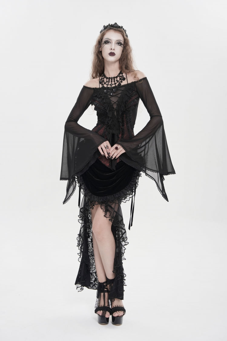 Crimson & Noir Off-Shoulder Long Bell Sleeve Ruffled Embroidered Lace-Up Gothic Blouse