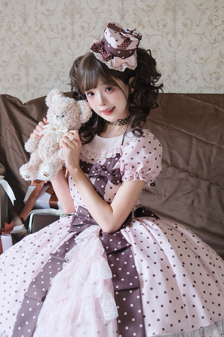 Canelé Gift Box Round Collar Short-Sleeve Polka Dot Ruffle Open Bow Asymmetric Lolita Dress