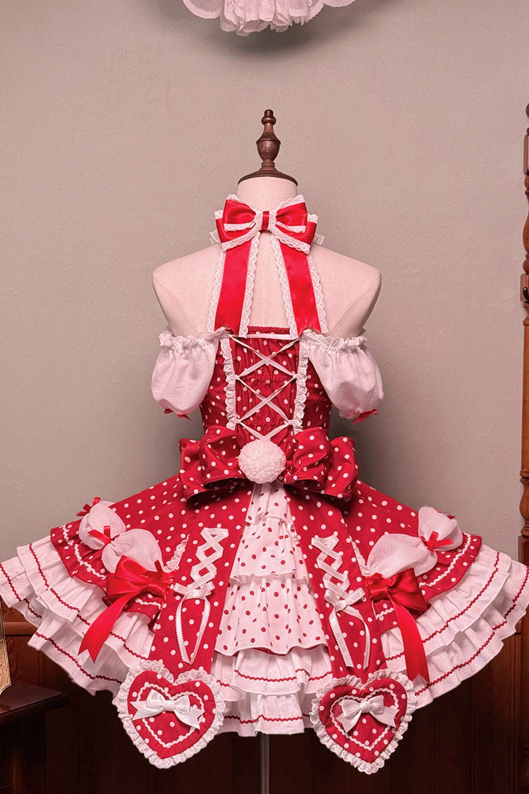 Wine Halterneck Polka-Dot Bow Lace-Up Sweet Lolita Frock