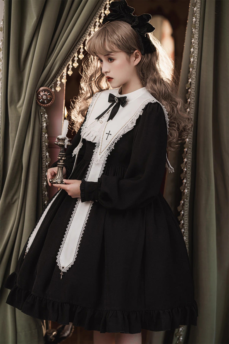 Elegant Nun-Inspired Gothic Dress with Ruffled Bow and Lace, Long Sleeves