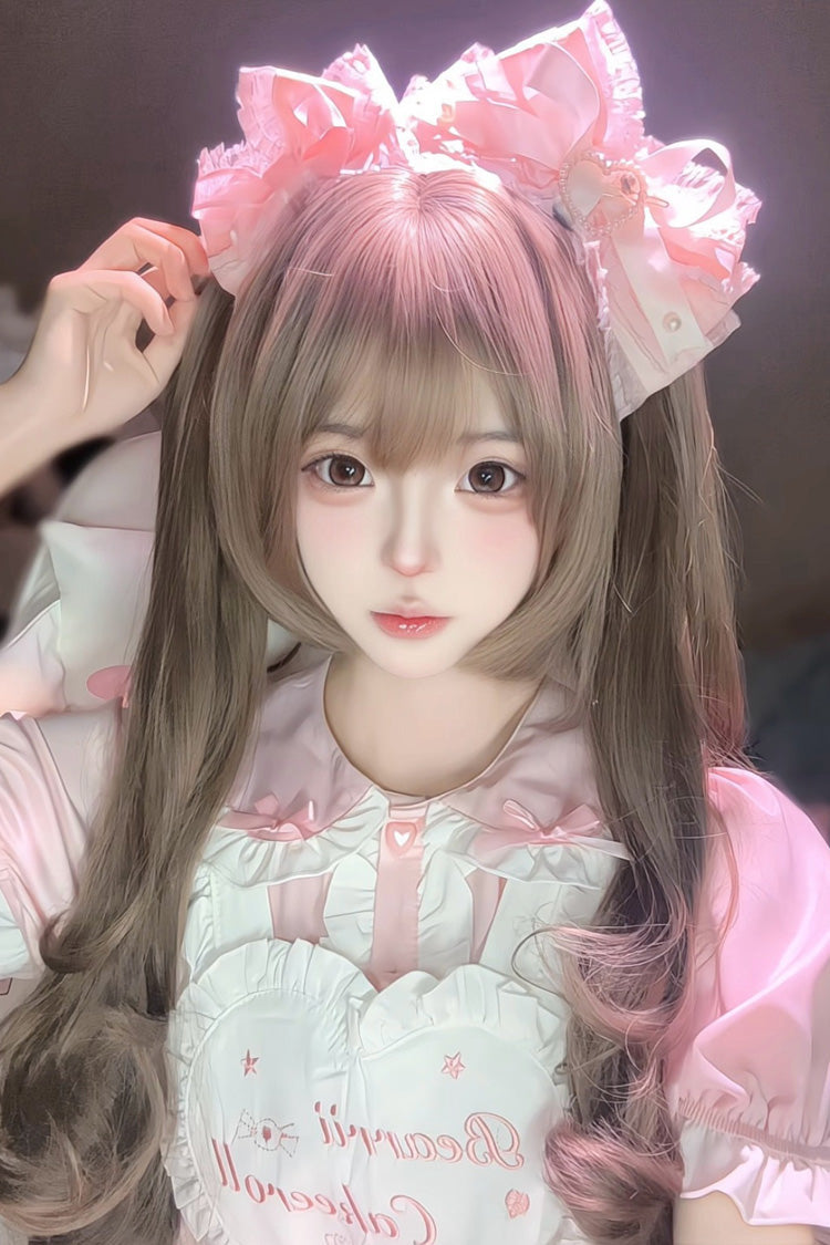 Sweet Lolita Twin Pigtails Wig Set with Ash Brown Side-Swept Bangs