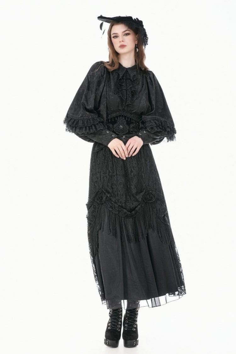 Rose Jacquard Bishop Sleeve Blouse with Tie - Gothic Edge