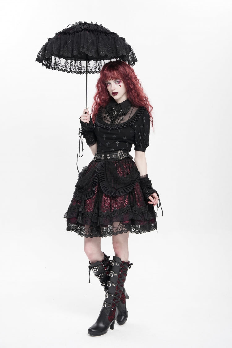 Crimson & Noir Multi-Layer Ruffled Buckle Strap Gothic Skirt