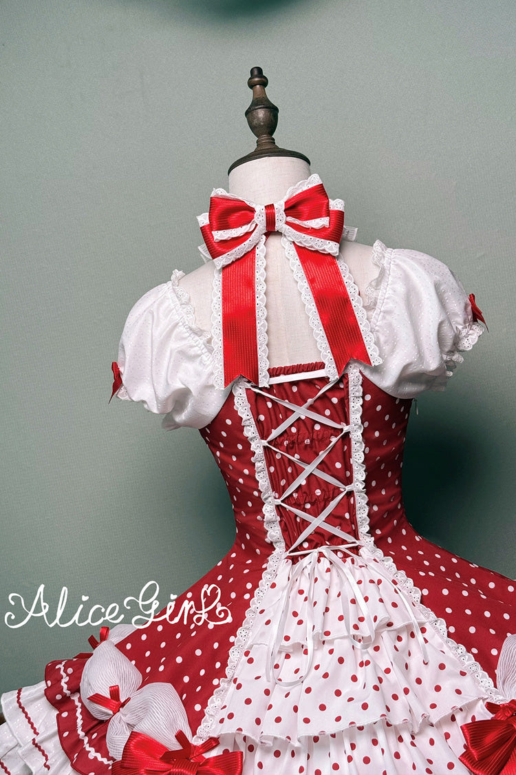 Wine Halterneck Polka-Dot Bow Lace-Up Sweet Lolita Frock