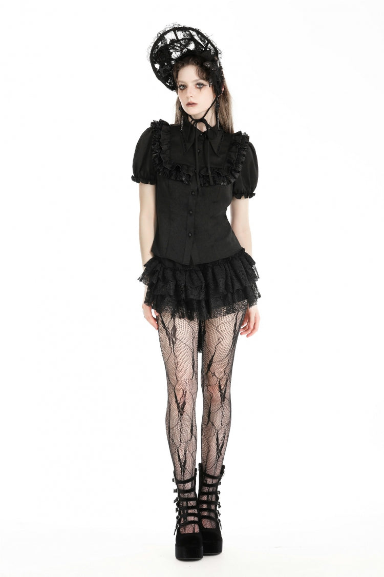 Ruffled Gothic Blouse with Puff Sleeves and Collar - Gothic Edge