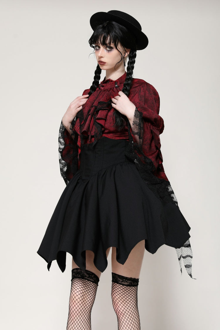 Crimson Gothic Blouse with Frilly Lace and Long Hime Sleeves