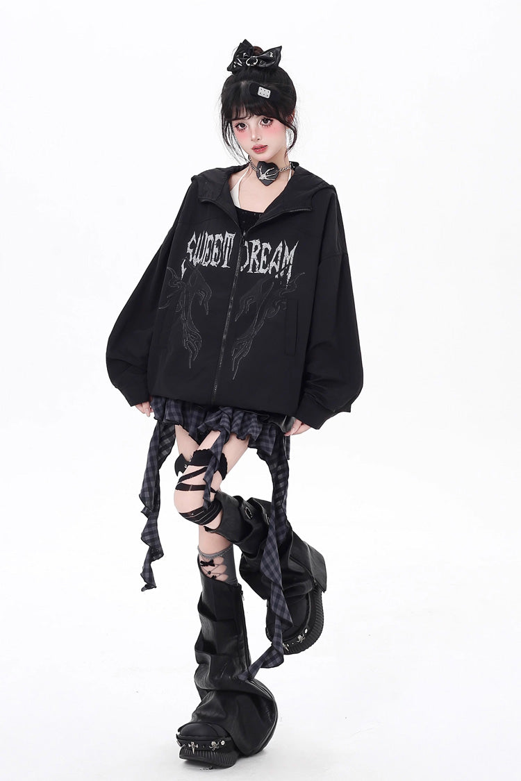 Loose Jirai Kei Gothic Coat with Print and Zipper, Long Sleeve