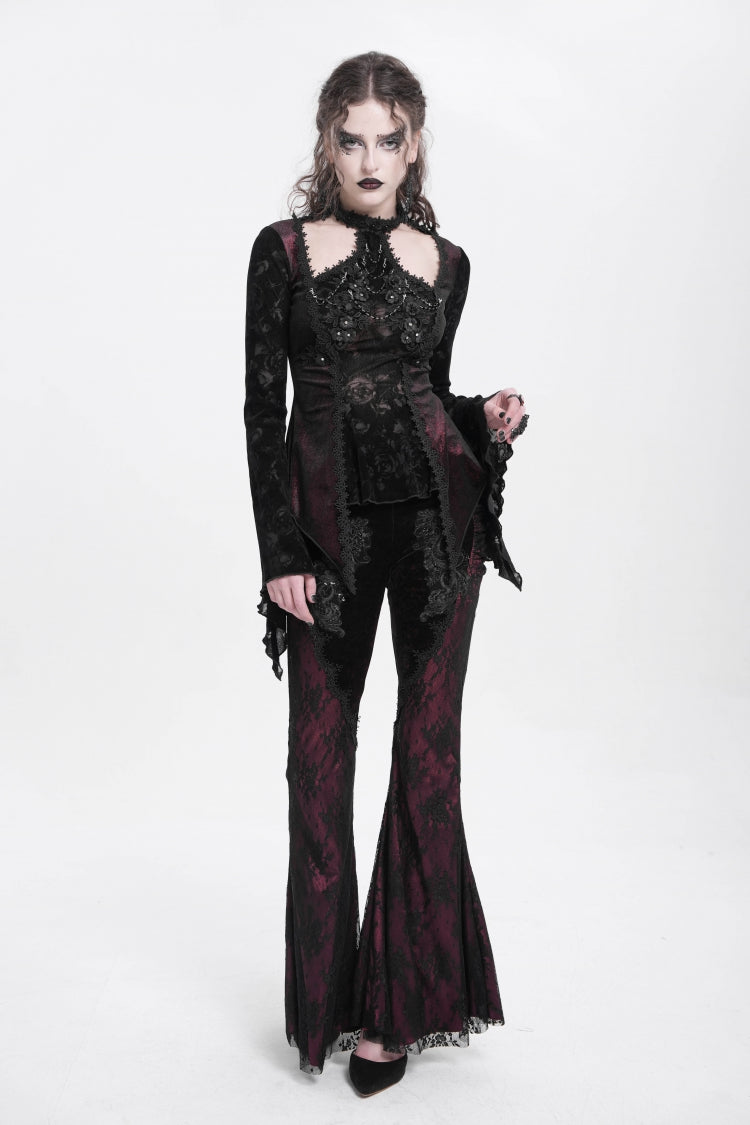Crimson Gothic Blouse with Jacquard Cutout and Trumpet Sleeves