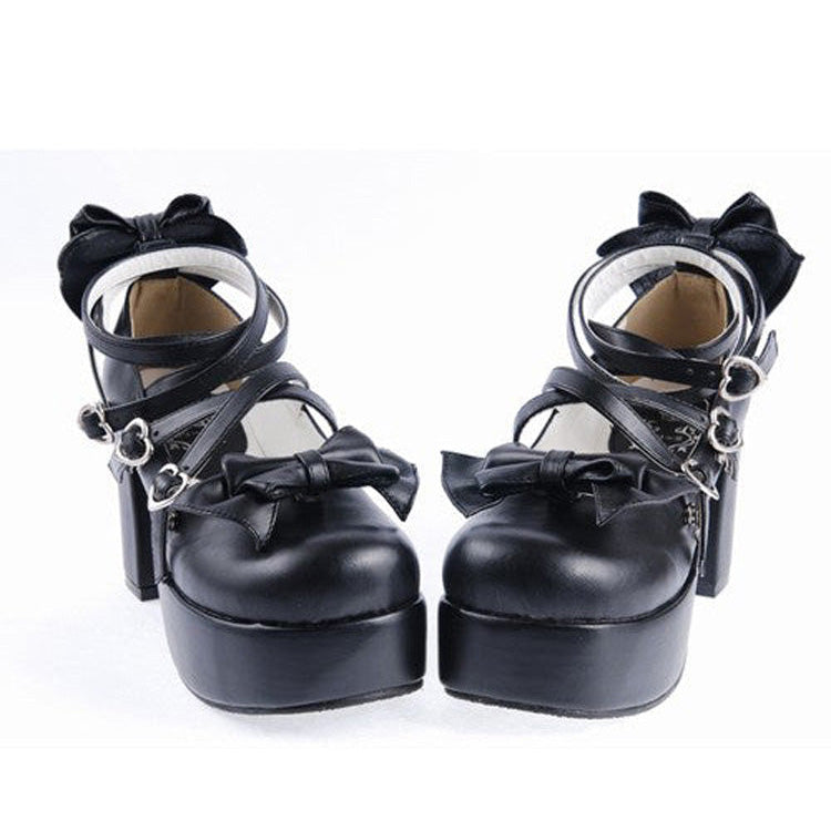Lolita Bow Cross Strap Shoes in Black Synthetic Leather