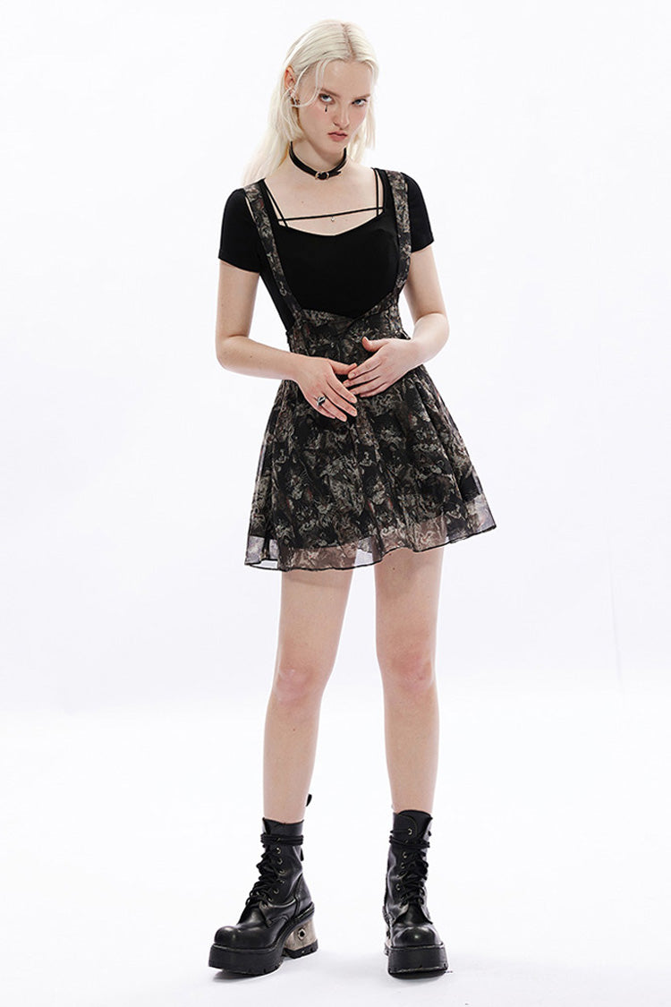 Gothic Skirt with Lace and Cat Print Suspender Design