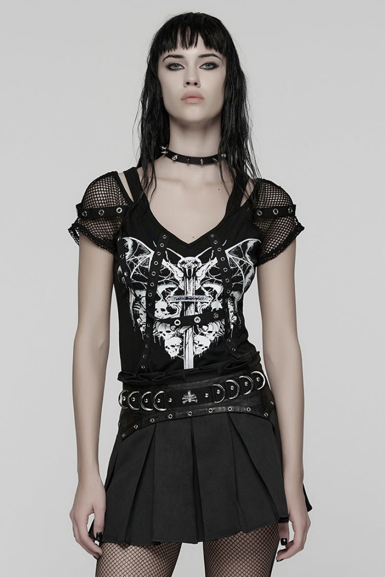 Punk Tee with Spliced Mesh and Strappy Details
