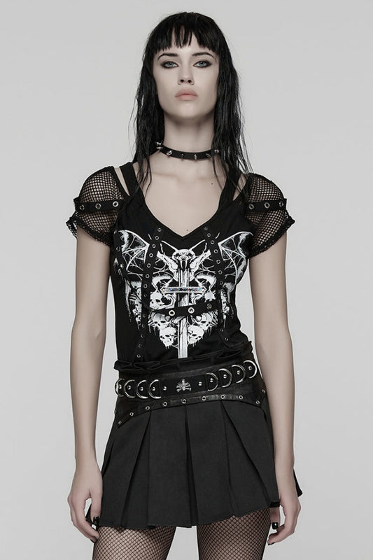 Punk Tee with Spliced Mesh and Strappy Details