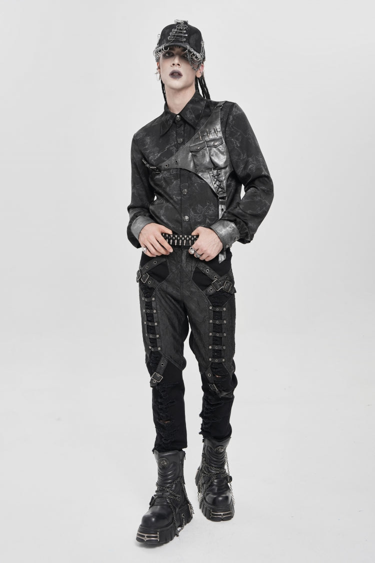 Punk Asymmetric Blouse with Print Stitching and Bullet Detail, Long Sleeve