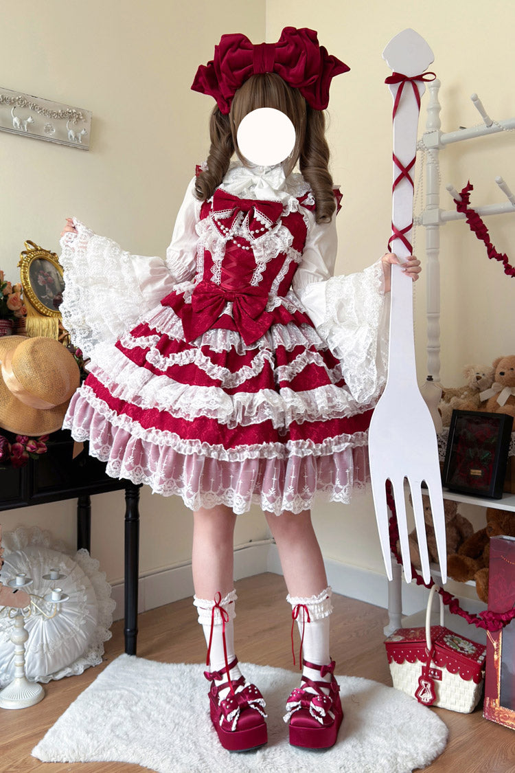 Burgundy Love and Heart Flutter Sleeveless Layered Ruffle Bow Lace Pearl Sweet Lolita JSK Gown