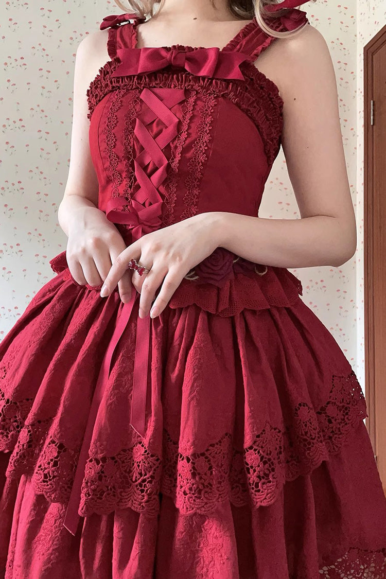 Burgundy Forest Waltz Embroidery Bow Lace-Up Slim Sweet Elegant Lolita Suspender Top