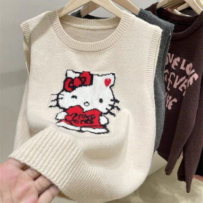 Gilet pull brodé avec motif chat de dessin animé KI640