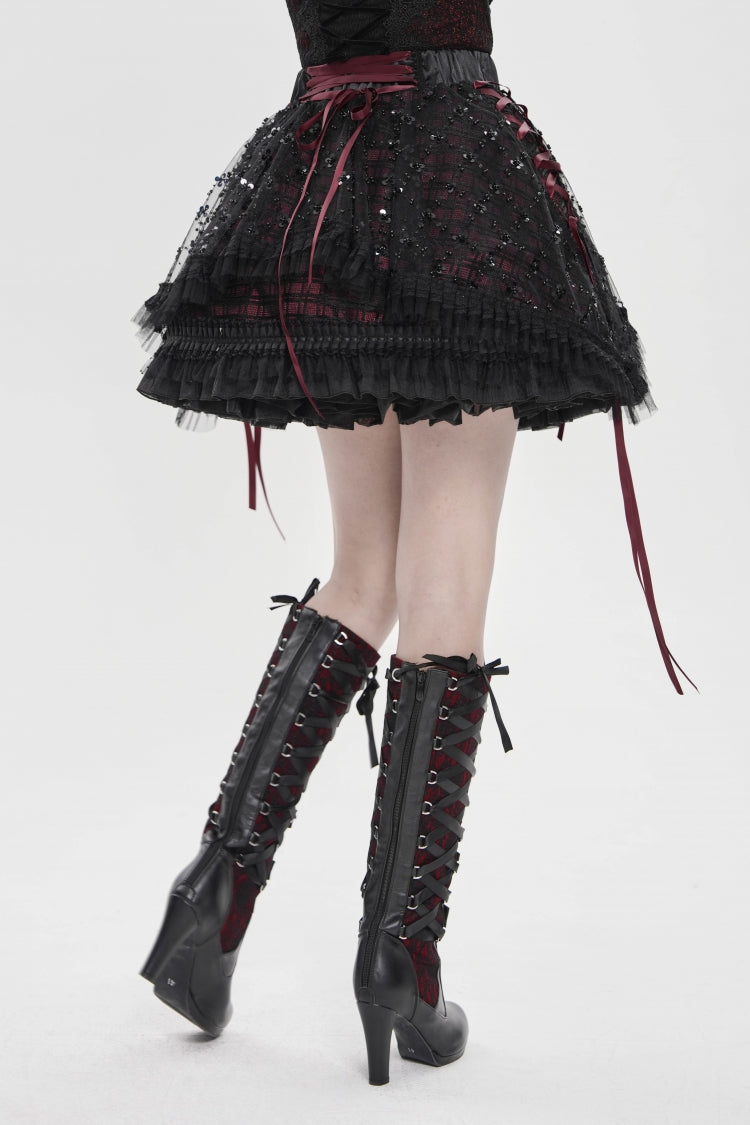 Crimson & Noir Multi-Layer Lace-Up Gothic Skirt