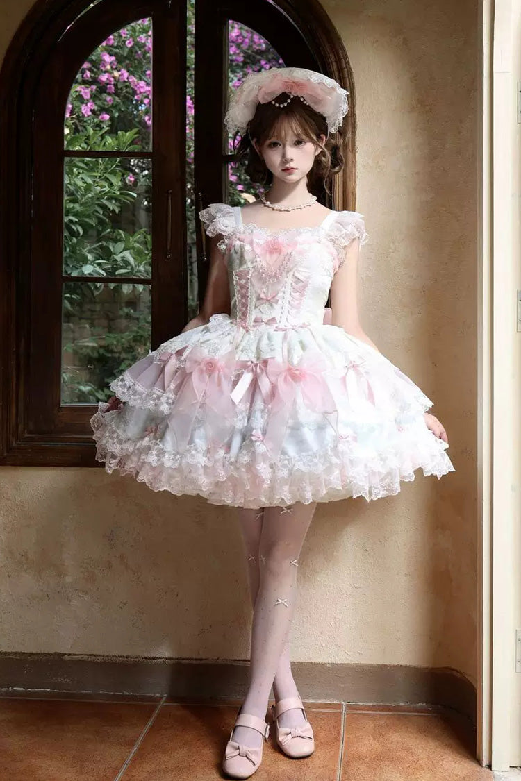 Pink Shadow Veil Square Collar Flutter Sleeves Multi-Layered Bow Lace Sweet Lolita Jsk Dress