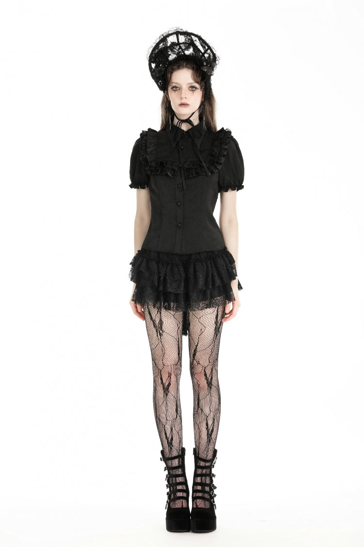 Ruffled Gothic Blouse with Puff Sleeves and Collar - Gothic Edge