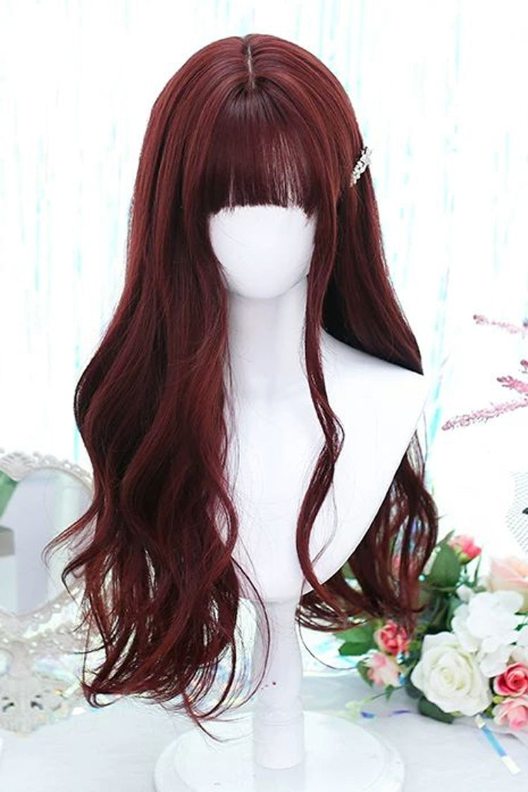 Sweet Gothic Lolita Wig - Long Curly with Soft Air Bangs - Crimson Red