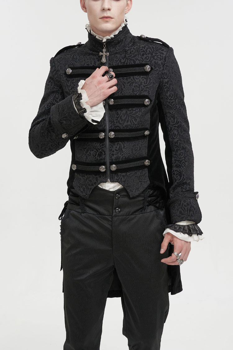 Vintage Cross-Print Stand-Collar Jacket with Back Slit