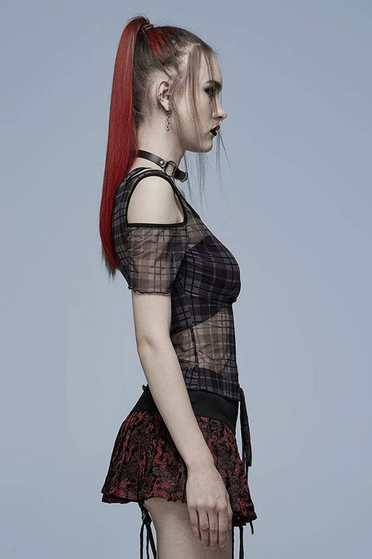 Women's Punk T-Shirt with Asymmetrical Cutout Neckline, Strap Design, Plaid Mesh