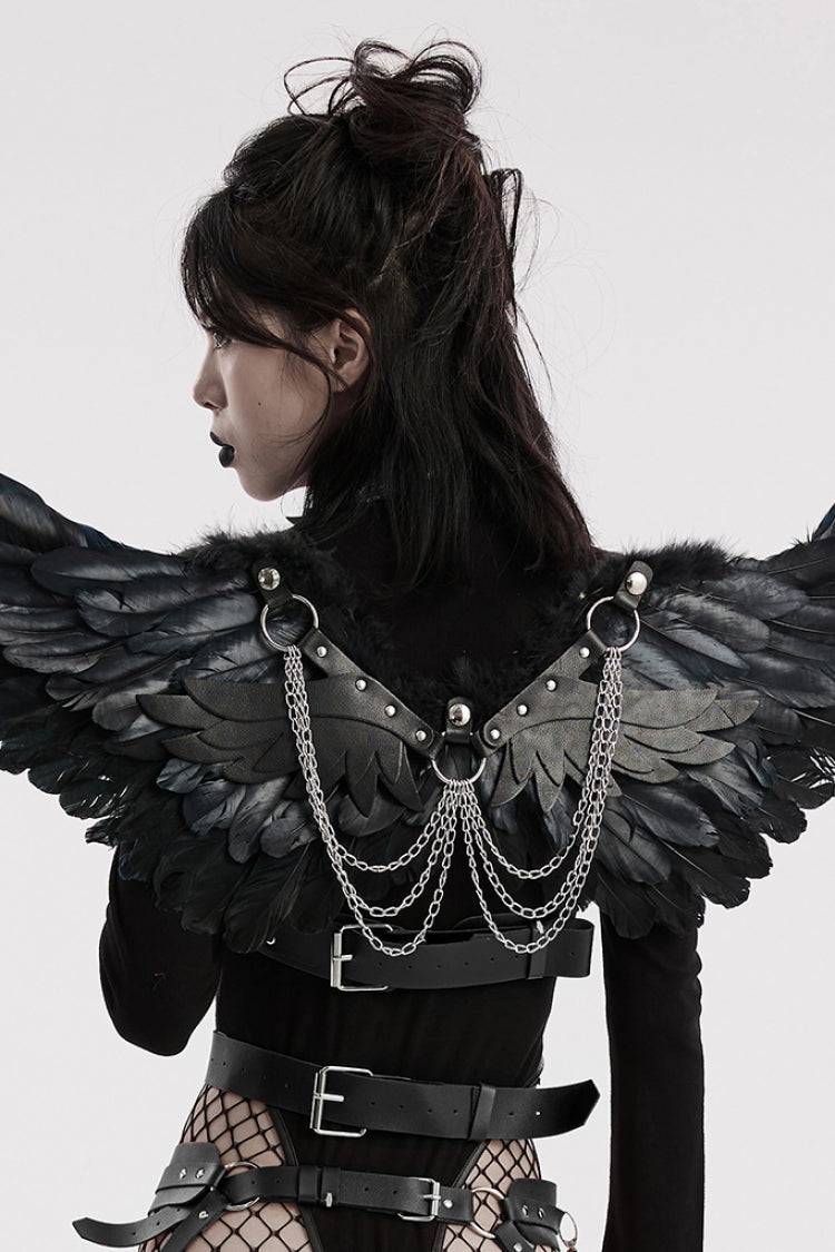 Women's Steampunk Feather Wing Harness with Artificial Leather Stitching in 2 Colors